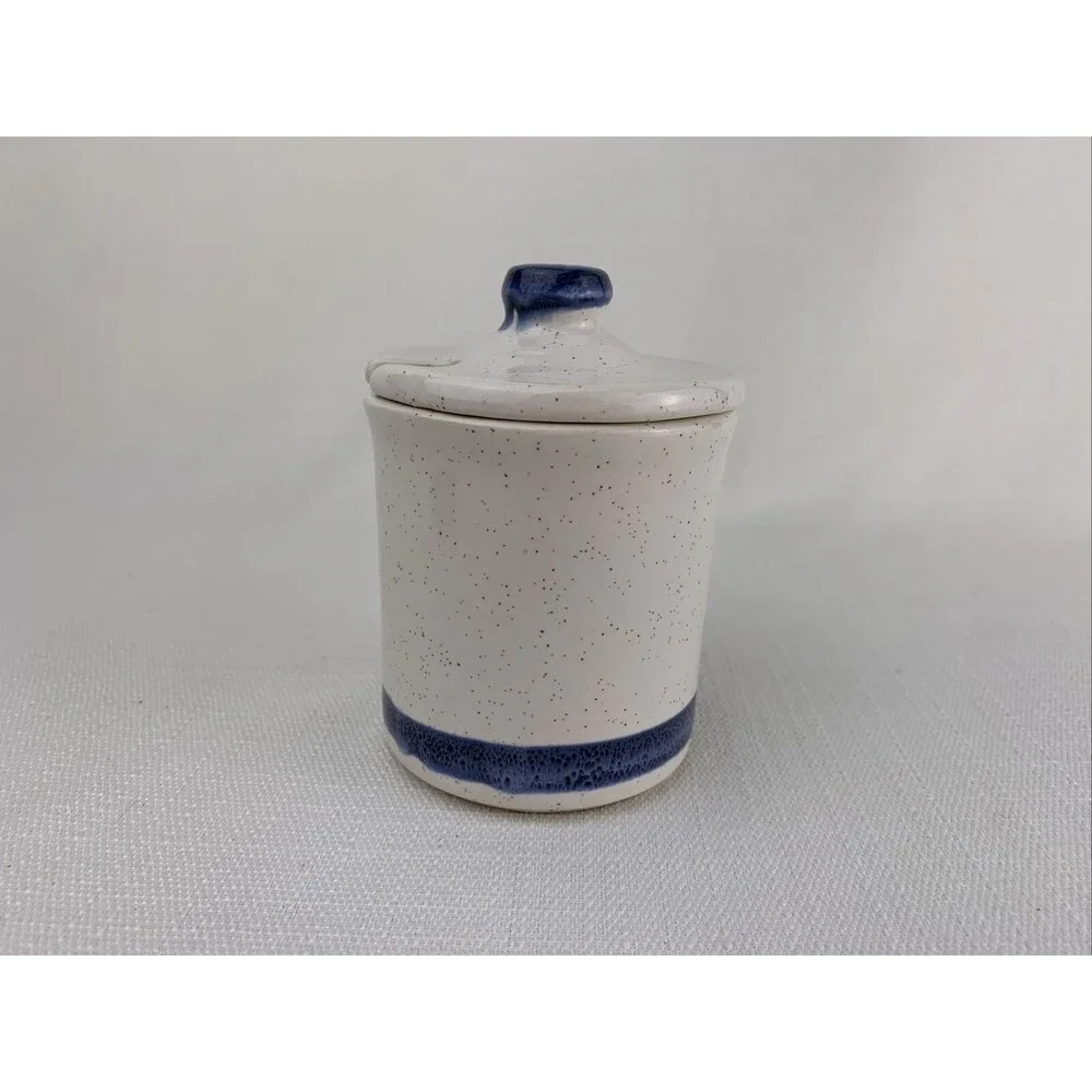 Vintage McCoy Honey Pot Stoneware Honey Pot in Gray with Blue‎ Band Trim 1950s